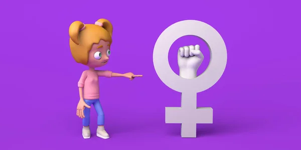 Жінка Вказує Жіночий Символ Бойовим Стиснутим Кулаком Фемінізм Ілюстрація Міжнародний — стокове фото