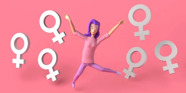 Woman Jumping Next Female Symbol Feminism Illustration International Women Day — Stock Photo, Image