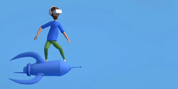 Jovem Surfando Foguete Com Óculos Realidade Virtual Metaverso Ilustração Espaço — Fotografia de Stock