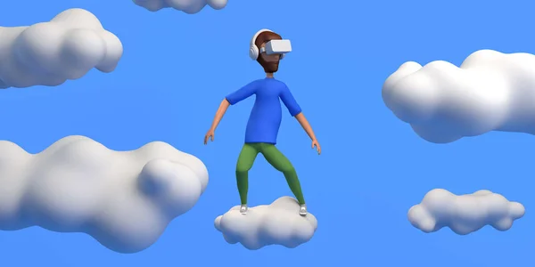 Młody Człowiek Surfujący Chmurach Goglami Wirtualnej Rzeczywistości Przenośni Ilustracja Przestrzeń — Zdjęcie stockowe