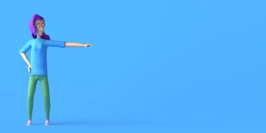 Genç bir kadın parmağını fotokopi odasına doğru gösteriyor. 3B illüstrasyon.