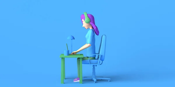 用手提电脑工作的女人自由撰稿人远程工作 复制空间 3D插图 — 图库照片