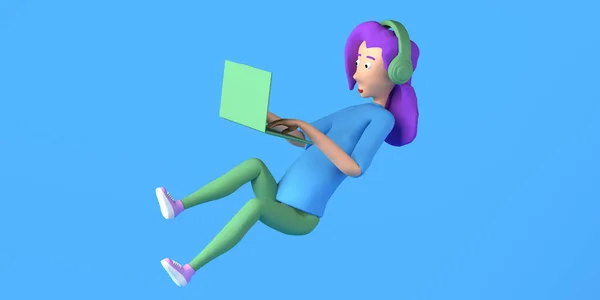 在用笔记本电脑工作的漂泊妇女 自由撰稿人复制空间 3D插图 — 图库照片