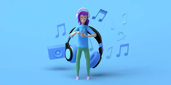 Femme Écoutant Musique Avec Casque Smartphone Espace Copie Illustration Caricature — Photo