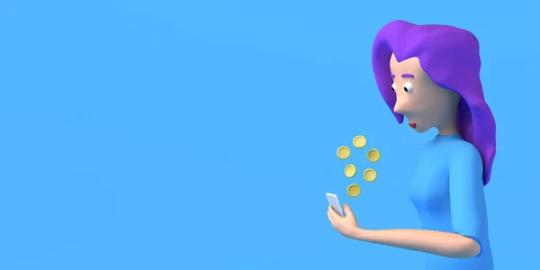 Woman Making Money Smartphone Copy Space Illustration Cartoon — Stock Photo, Image
