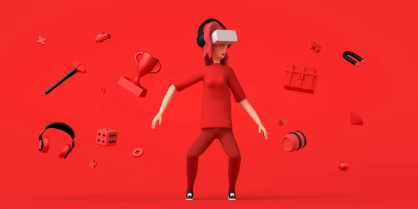 オンラインゲームの要素と赤の背景に仮想現実のゴーグルで遊ぶ女性 コピースペース 3Dイラスト — ストック写真