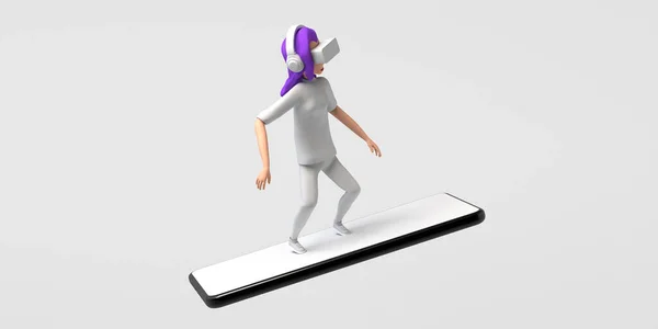 仮想現実のゴーグルを持つ若い女性は 回避でスマートフォンに浮かんでいます 3Dイラスト スペースのコピー — ストック写真