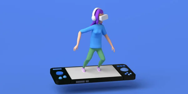 仮想現実のゴーグルを持つ若い女性は 嫌悪感でビデオゲームコントローラーをサーフィン 3Dイラスト スペースのコピー — ストック写真