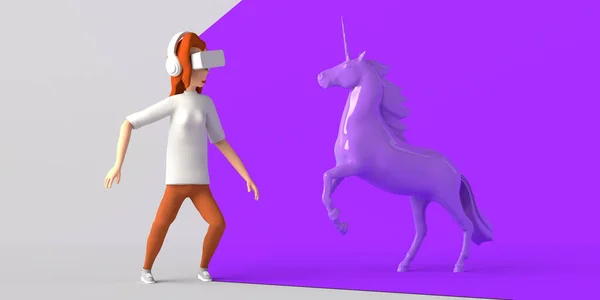 Young Woman Virtual Reality Glasses Looking Unicorn Metaverse Illustration Copy — Stock Photo, Image