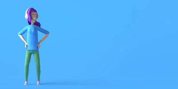 青い背景のヘッドフォンで音楽を聴いている若い女性 3Dイラスト スペースのコピー — ストック写真