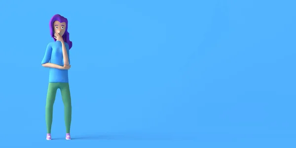 Молодая Женщина Задумчивом Положении Сомнениями Синем Фоне Иллюстрация Копирование Пространства — стоковое фото