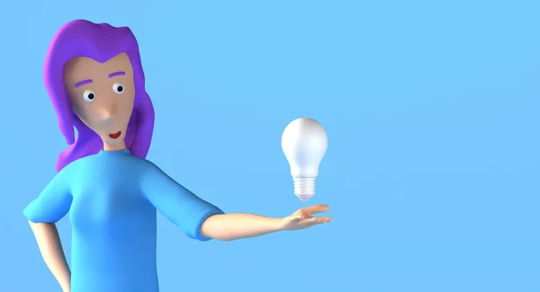 年轻的女人手里拿着一个灯泡漂浮在手掌上 3D插图 复制空间 — 图库照片