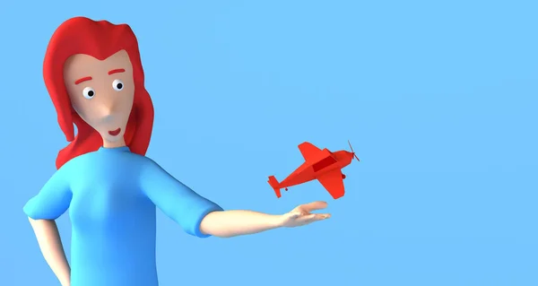 Młoda Kobieta Trzyma Samolot Unoszący Się Dłoni Ilustracja Przestrzeń Kopiowania — Zdjęcie stockowe