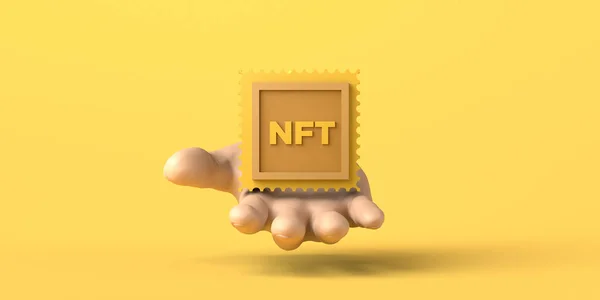 Mão Mostrando Token Não Fungível Nft Fundo Amarelo Criptoarte Blockchain — Fotografia de Stock