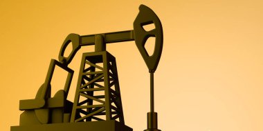 Sarı günbatımı eğiminde yağ çıkarma pompası. Piyasa dengesizliği. Üç boyutlu illüstrasyon. Boşluğu kopyala.