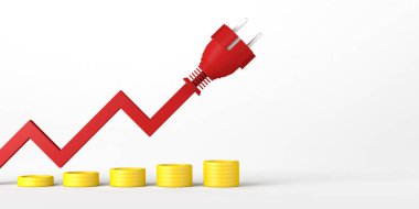 Yükselen dolgu uçlu ok ve bozuk para yığını. Elektrik fiyatlarının yükselmesi kavramı. Piyasa dengesizliği ve istikrarsızlık. Üç boyutlu illüstrasyon. Boşluğu kopyala.