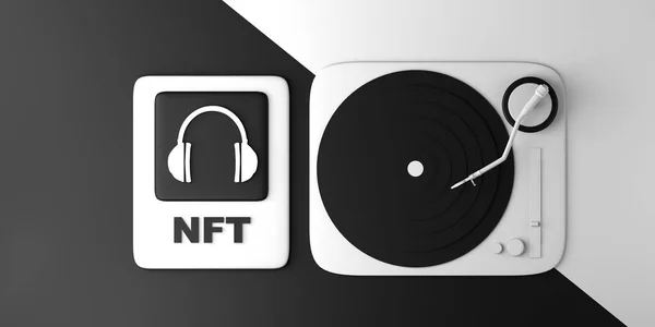 Finansal olmayan dijital sanat simgesi. Blockchain 'de vinil çalarlı NFT müzik. Üç boyutlu illüstrasyon. Boşluğu kopyala.
