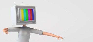 Kafası yerine eski televizyonu olan bir kadın. Kitle iletişim araçlarının kontrolü ve manipülasyonu. Televizyon izleyicileri. Üç boyutlu illüstrasyon. Boşluğu kopyala.