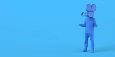 Kafası yerine video kameralı bir adam. Multimedya ve teknoloji toplumu. Üç boyutlu illüstrasyon. Boşluğu kopyala.