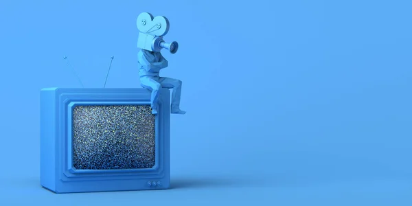 Man Video Camera Instead Head Sitting Top Television Mass Media — Stock Photo, Image