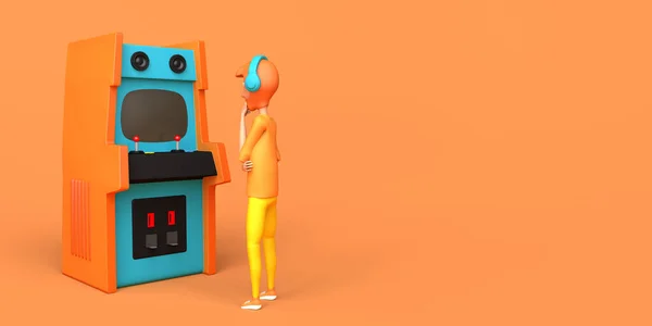 Młody Człowiek Patrząc Retro Automat Gier Zręcznościowych Pokój Gier Odbiór — Zdjęcie stockowe