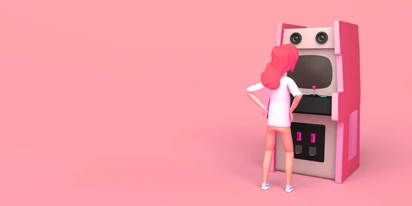 Młoda Kobieta Patrząc Retro Automat Gier Zręcznościowych Pokój Gier Odbiór — Zdjęcie stockowe