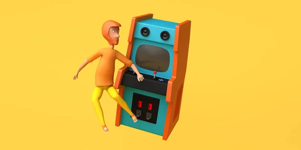 Młody Człowiek Unoszący Się Obok Retro Automatu Gier Zręcznościowych Pokój — Zdjęcie stockowe