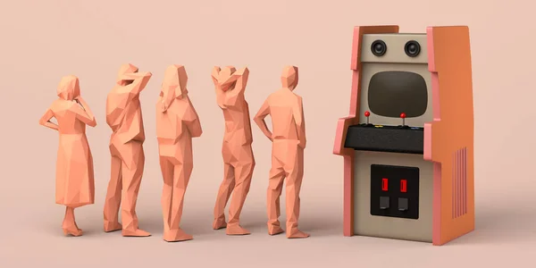 Emberek Retro Játékautomatát Néznek Játékterembe Másold Helyet Játékkoncepció Illusztráció — Stock Fotó