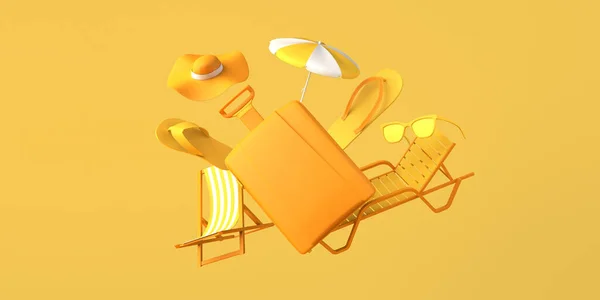 Conceito Férias Verão Com Mala Chinelos Chapéu Cadeira Praia Óculos — Fotografia de Stock