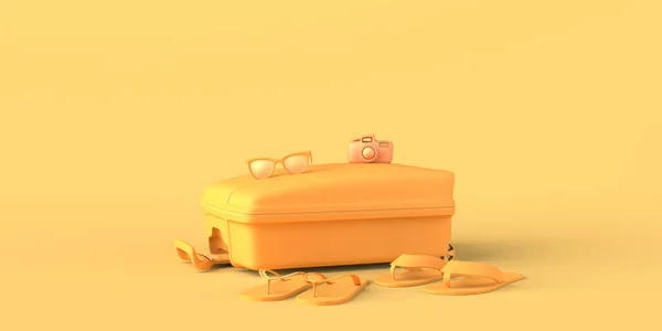 Summer Vacation Concept Hat Suitcase Sunglasses Flip Flops Camera Travel — Stock Photo, Image