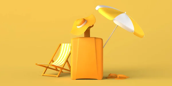 スーツケース フリップフロップ ビーチチェア付きの夏休みのコンセプト 旅行だ コピースペース 3Dイラスト — ストック写真
