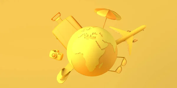Cestovní Koncept Planetou Země Letadlo Sluneční Brýle Žabka Kufr Deštník — Stock fotografie