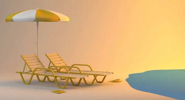 Concepto Vacaciones Verano Con Tumbonas Playa Sombrilla Chanclas Junto Mar —  Fotos de Stock