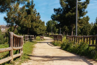 Toprak yolu olan şehir parkı ve arka planda binaları olan ahşap çitler. Uzayı kopyala Seçici odak.
