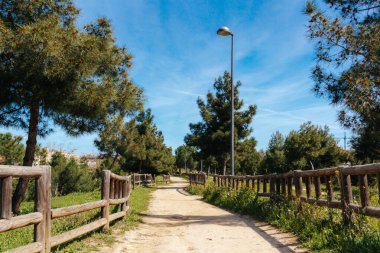 Toprak yolu olan şehir parkı ve arka planda binaları olan ahşap çitler. Uzayı kopyala Seçici odak.