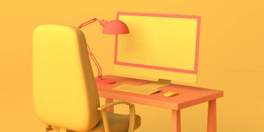 Bilgisayar, sandalye ve kahve fincanı olan bir çizgi film ofisi. Serbest çalışıyorum. Üç boyutlu illüstrasyon. Boşluğu kopyala.