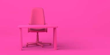 Sandalyesi ve masası olan çizgi film ofisi. Serbest çalışıyorum. Üç boyutlu illüstrasyon. Boşluğu kopyala.