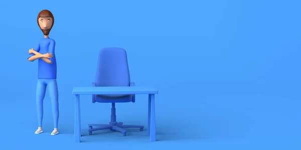 職場の漫画のテーブルと椅子で腕を持つ若い男が交差した フリーランス コピースペース 3Dイラスト — ストック写真