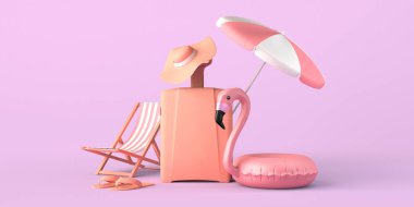 Flamingo şamandıra, şemsiye, parmak arası terlik ve plaj sandalyesi olan yaz konsepti. Uzayı kopyala 3B illüstrasyon.