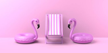Yaz tatili konsepti plaj sandalyesi ve flamingo şamandıraları. Uzayı kopyala 3B illüstrasyon.