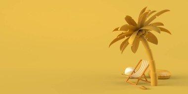 Yaz tatili konsepti plaj koltuğu, plaj topu ve palmiye ağacı. Uzayı kopyala 3B illüstrasyon.