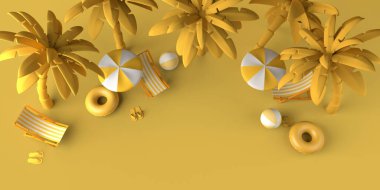 Palmiye ağaçları, plaj sandalyeleri, şemsiyeler ve şişme plaj oyuncakları ile yaz kumsalı konsepti. Uzayı kopyala 3B illüstrasyon.