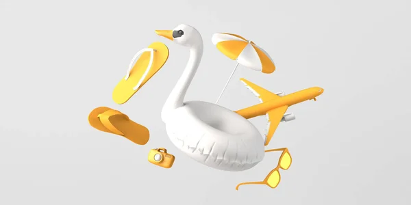 暑假的概念与天鹅浮动 翻筋斗 太阳镜和飞机 复制空间 3D插图 — 图库照片