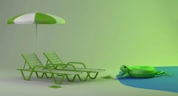 Summer Vacation Concept Sun Loungers Beach Frog Float Sunset Copy — 스톡 사진