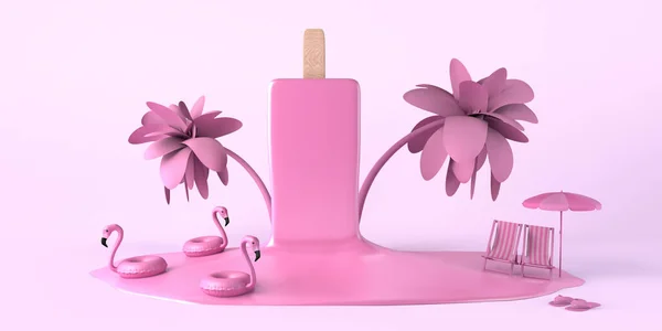 Concept Été Avec Crème Glacée Fraise Fondue Flotteurs Flamants Roses — Photo