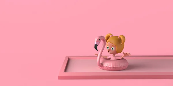 Dziewczyna Bawiąca Się Flamingiem Basenie Koncepcja Lata Odbiór Ilustracja — Zdjęcie stockowe