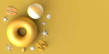 Yaz tatili konsepti şişirilebilir plaj oyuncakları, deniz kabukları, parmak arası terlikler ve plaj topu. Uzayı kopyala 3B illüstrasyon.