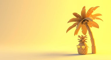 Tropik palmiye ağacının altında güneş gözlüklü ananas. Yaz kavramı. Uzayı kopyala 3B illüstrasyon.