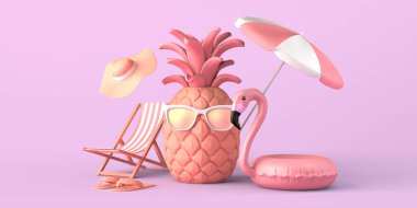 Güneş gözlüklü plaj aksesuarlı ananas ile yaz tatili konsepti. Uzayı kopyala 3B illüstrasyon.