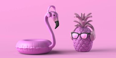 Güneş gözlüklü ananas ve kulaklıklı flamingo. Uzayı kopyala 3B illüstrasyon.